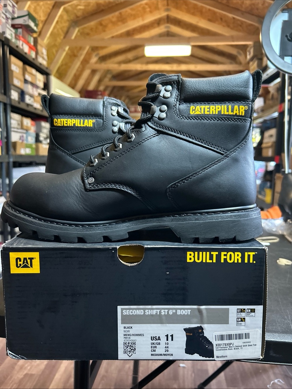 Caterpillar 2nd Shift Steel Toe 6”  Black Leather Work Boots with Yellow Logo